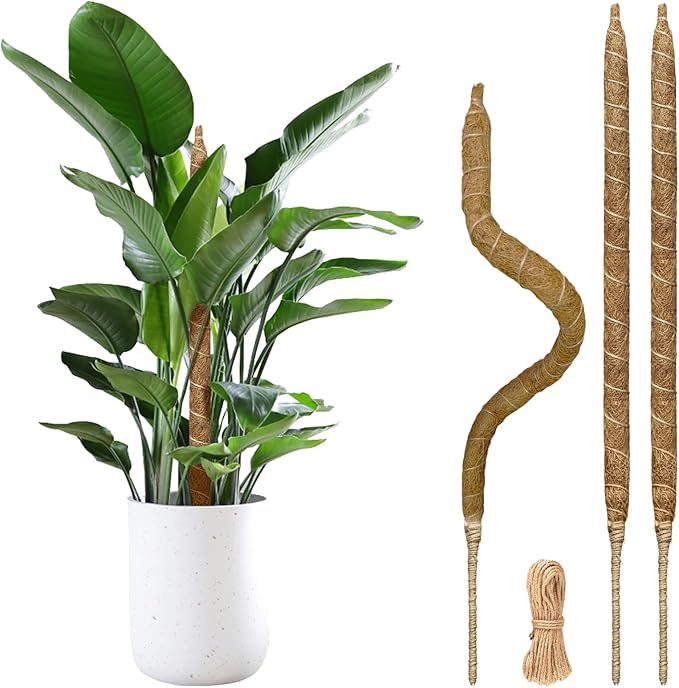 3 Pack Moss Pole Monstera Plant Support, 28 Inch Bendable Moss Poles for Climbing Plants with 20 FT Jute Ropes, Coco Coir Moss Pole Kit Support for Indoor Potted Plants, Pothos, Philodendron