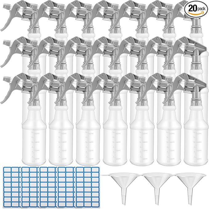 Eccliy 20 Pack 16oz Empty Spray Bottles, Leakproof Cleaning Bottles with Measurement and Adjustable Nozzle for Housekeeping, Commercial Use(Cylinder,Gray Spray Head)