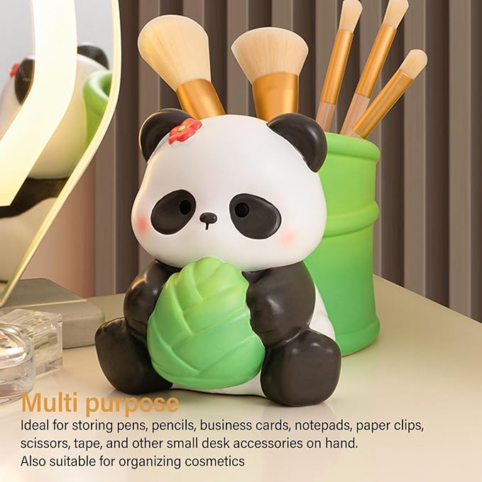 Panda Pen Holder, Cute Bamboo Design Resin Desk Organizer with Multifunctional Storage, for Office School Home Decor