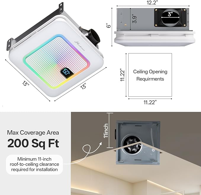 Smart Bathroom Exhaust Fan with Bluetooth Speaker, 230 CFM 1.0 Sone Exhaust Fan with Humidity & Odor Sensor, Remote/App/Voice Control, Adjustable LED Lighting & Dynamic RGB Mood Light (White)
