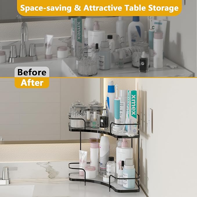 FOLLOWIN 2 Tier Bathroom Countertop Corner Organizer,Countertop Perfume Tray,Vanity Counter Shelf,Skincare Makeup Cosmetic Vanity Organizers,Elegant Black