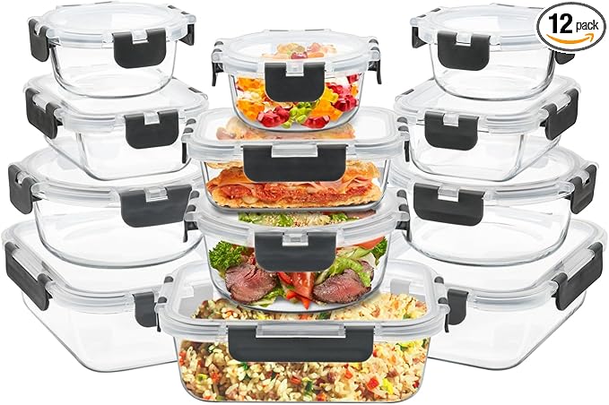 12 Pack Glass Food Storage Containers with Airtight Lids for Meal Prep, Leftover, BPA-Free, Leak-Proof, Freezer to Microwave Safe (12 Lids & 12 Containers)