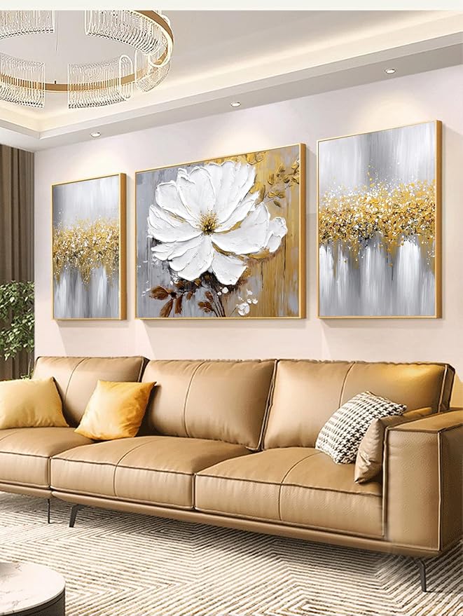 Hand-Painted Floral Canvas Oil Painting for Living Room,Framed 3D Gold and White Abstract Wall Art for Bedroom, Large 3 Pieces Flowerl Wall Painting for Office Kitchen Bathroom Home Decor 24x64 inches