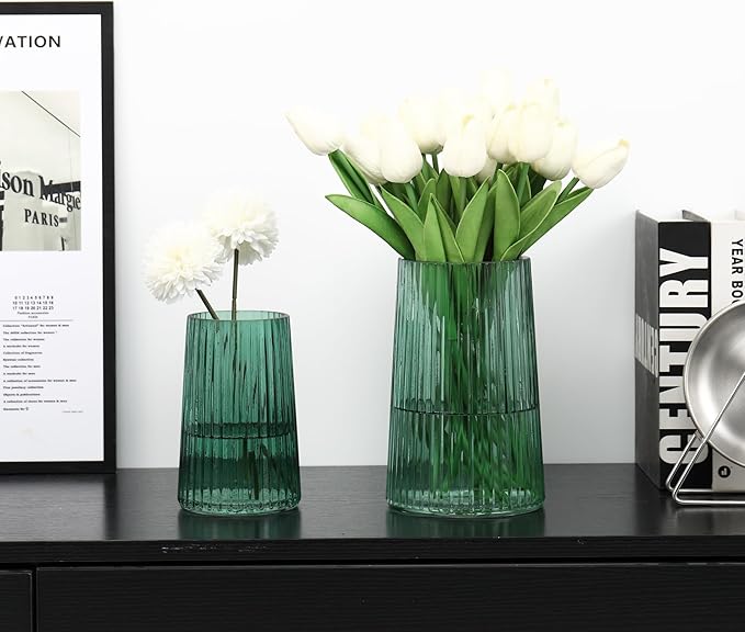 Ribbed Flower Vases Set of 2, Green Vases for Flowers, Flower Vase for Bouquet, Modern Ribbed Glass Vase for Living Room, Bedroom, Dining Table, Office, Wedding, Centerpieces