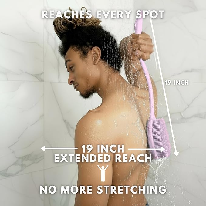 Long Handle Back Scrubber for Shower - 19 inch Extended Reach Silicone Body Brush - Avilana Bath Scrubber Extended Reach Tool - Easy Grip Body Wash Brush Gift