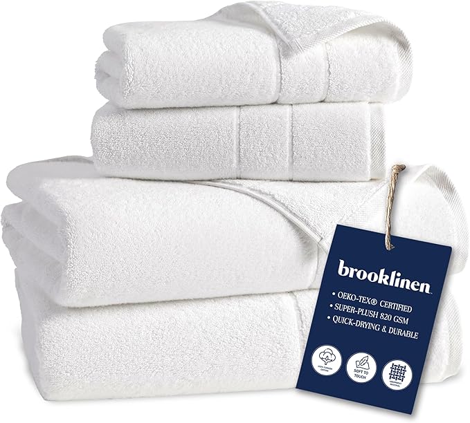 Brooklinen Super-Plush Turkish Cotton Bath Towel Set - 2 Bath Towels + 2 Hand Towels Cotton, 820 GSM, Highly Absorbent, Machine Washable, Perfect for Home & Bathroom (White)
