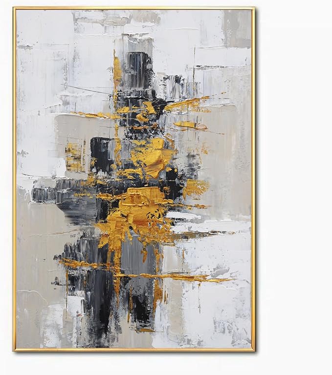 Hand-Painted Abstract Living Room Wall Art,Framed Large Black and White Canvas Oil Painting for bedroom,3D Gold Thick Textrued Abstract Wall Decor for Office Home Decoration 32x48 inches