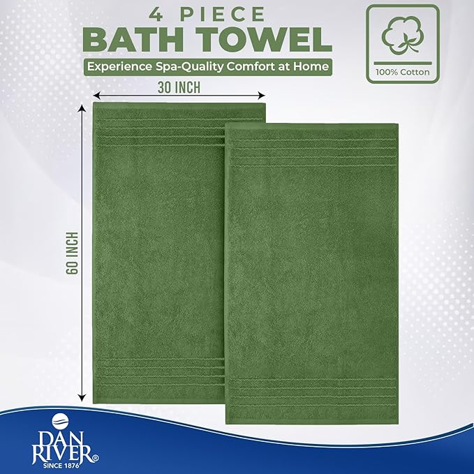 DAN RIVER Bath Towels Set of 4, 30 x 60 Inches, 100% Cotton, Larger & Lighter Weight, Quicker to Dry, Super Soft and Absorbent, Ideal Hotel Towels for Daily Use, Sage Green