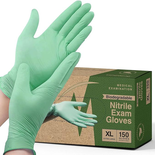 FifthPulse Biodegradable Disposable Nitrile Gloves, 150 Count, Green Food Safe Cooking Gloves - Powder and Latex Free Gloves