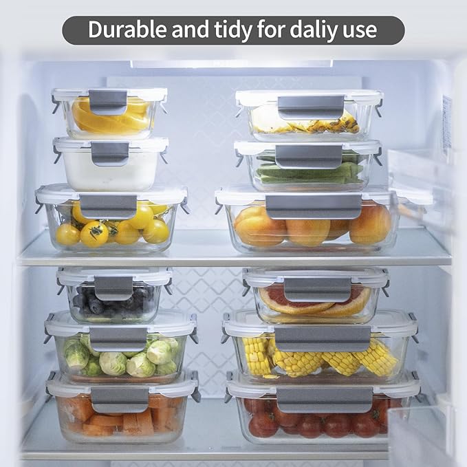 24 Pieces Glass Food Storage Containers with Lids,Glass Meal Prep Containers Set with Locking Lid,Airtight Glass Lunch Container for Kitchen,BPA Free(12 Lids & 12 Containers)