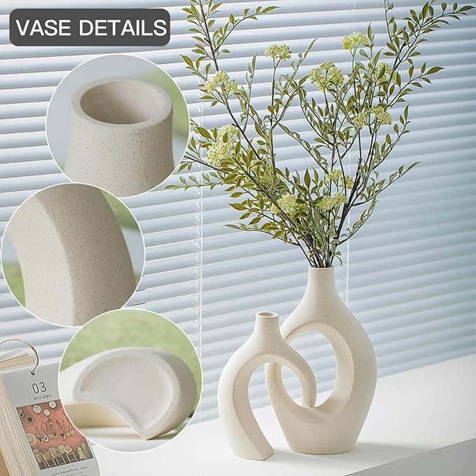 XL Cream White Snuggle Hollow Ceramic Vase of 2 for Coffee Table Decor, Modern Minimalist Aesthetic Donut Floral Vases, for Home Living Room Entryway Table Shelves Decorative (W 6.8" X H 11")