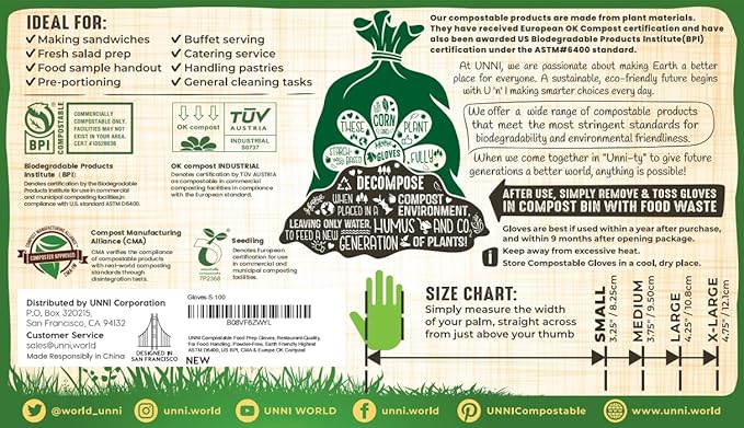 UNNI Compostable Food Prep Gloves, For Food Handling, ASTM D6400, US BPI, CMA & Europe OK Compost Certified