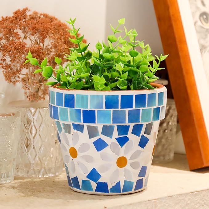 4" Mosaic Terracotta Flower Pot Small Succulent Planter with Drainage Mini Succulent Nursery Pot for Indoor Outdoor Plants Light Blue