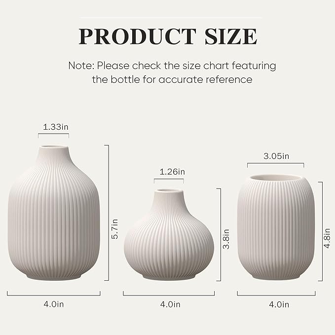 White Ceramic Vases Set of 3, Modern Minimalist Ribbed Vases for Centerpiece, Home Office Shelf Decor, Farmhouse Kitchen Bathroom Bedroom Living Room Decor