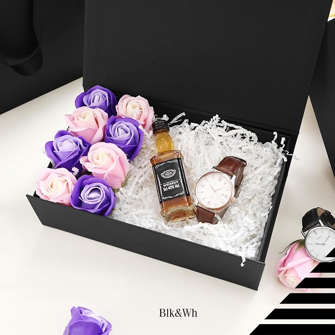 BLK&WH 6 Gift Boxes 9.5x5.5x2.9 Inches, Black Groomsman Collapsible Magnetic Gift Boxes with Lids (Matte Black)