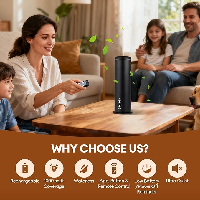 Waterless Scent Diffuser Starter Kit: 100ml Cordless Rechargeable APP Smart Remote Control - Aroma Aromatherapy Diffuser Suitable for Home Hotel 1000 Sq Ft. Coverage 2 Essential Oils