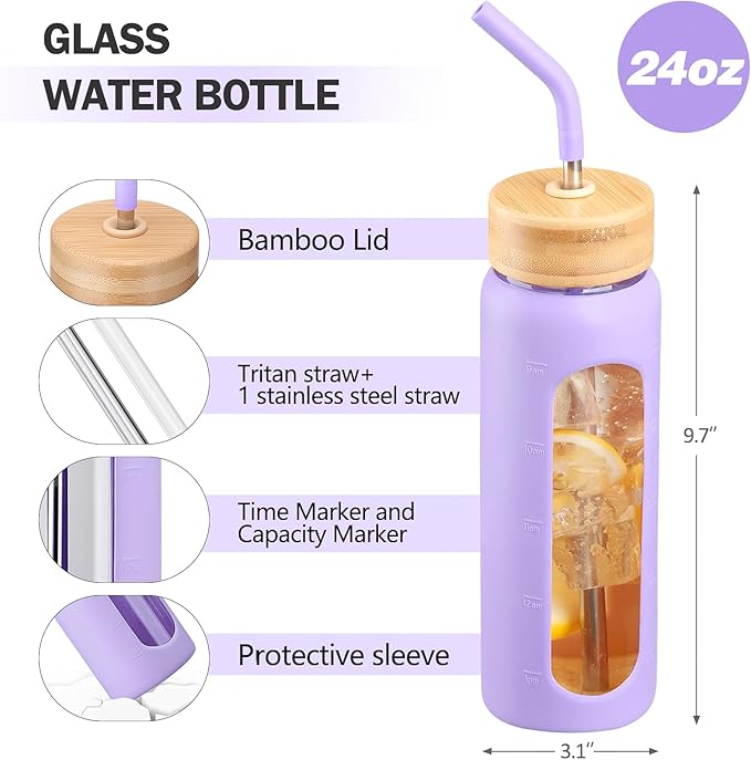 24oz Glass Water Bottle with Straw and 2 Lids-Bamboo and Spout Lid, Borosilicate Glass Water Bottle with Silicone Sleeve and Time Marker,BPA Free & Cupholder Friendly,Purple