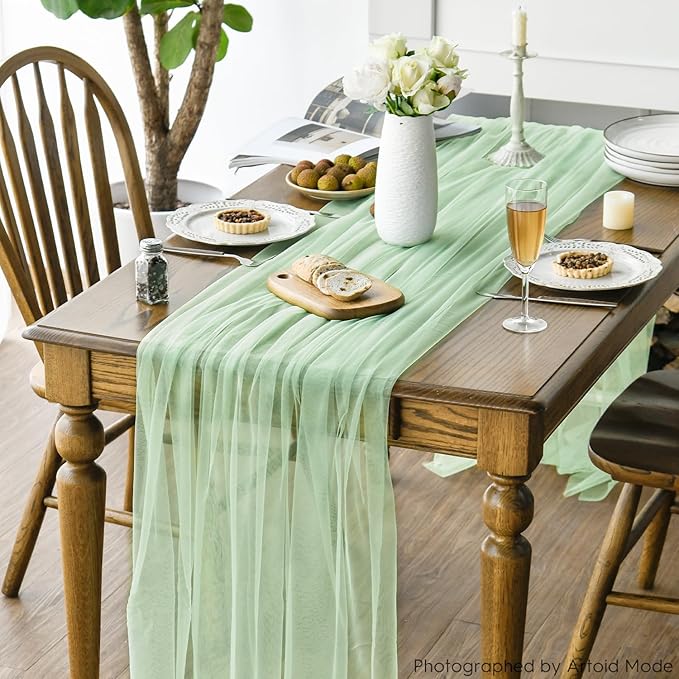 Artoid Mode 3PCS Light Green Gauze Table Runner 120 Inch 10FT, Seasonal Sheer Kitchen Dining Holiday Wedding Birthday Baby Shower Table Decor for Home Party