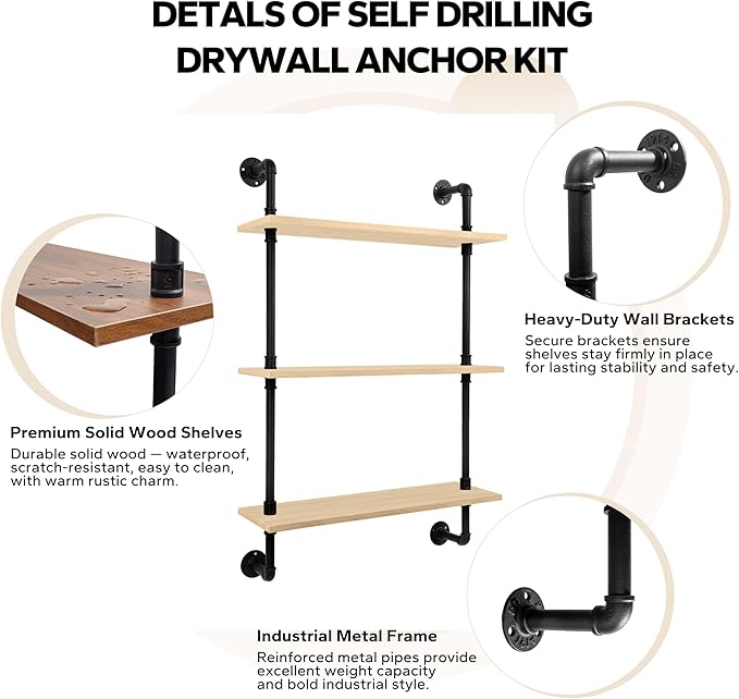 3-Tier Industrial Pipe Floating Shelf – Rustic 24 inch Wood Wall-Mounted Storage Shelf for Kitchen Office,Bathroom & Home Decor -White Oak