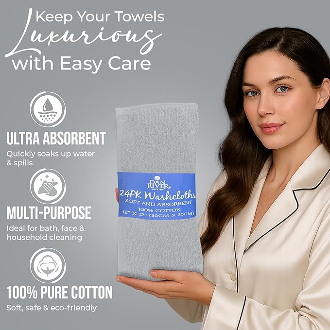 DAN RIVER 100% Cotton Wash Cloths 24 Pack [12x12] Soft & Absorbent Terry Cloth washcloths, Gym, Hotels & Spa Perfect for Everyday Use Fingertip Towels, Silver
