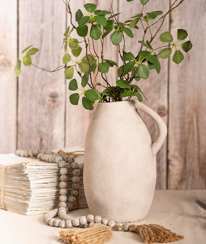 White Ceramic vase with Handle, Distressed Cement Texture, Boho Terracotta Large Pottery 10inch Tall, Rustic Farmhouse Decorative vases for Centerpieces, Unique Stoneware Jug for Flowers