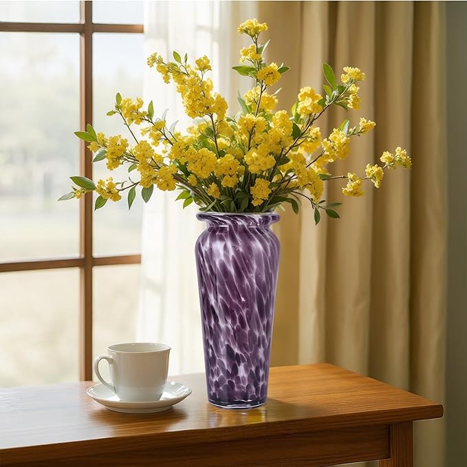 Blown Glass Purple vase, Purple Home Decorations, Modern Art Wide Mouth vase for Living Room Dining Table Coffee Table entryway TV Cabinet nightstand Centerpiece.