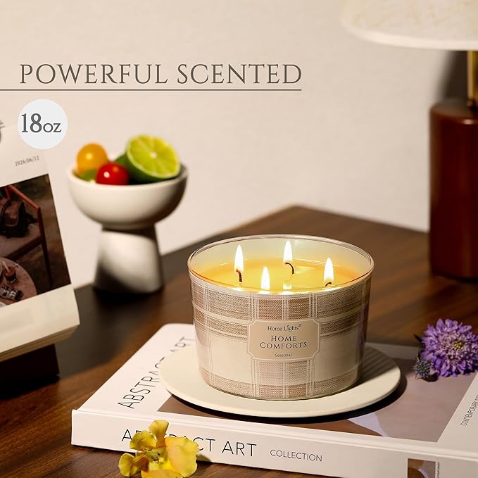 HomeLights Home Comforts Scented Candles | 18oz Soy Candles Rustic Modern 4-Wick Large Candle Jars | Ideal Candle Gifts for Events, Home Decor Stress, Relief & Relaxation