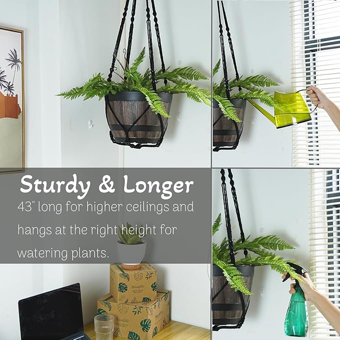 Large Macrame Plant Hanger Black 43 Inch Long for up to 12 Inch Pot No Tassel Cotton Rope Hanging Basket Plant Holder with Heavy Duty Ceiling Hooks