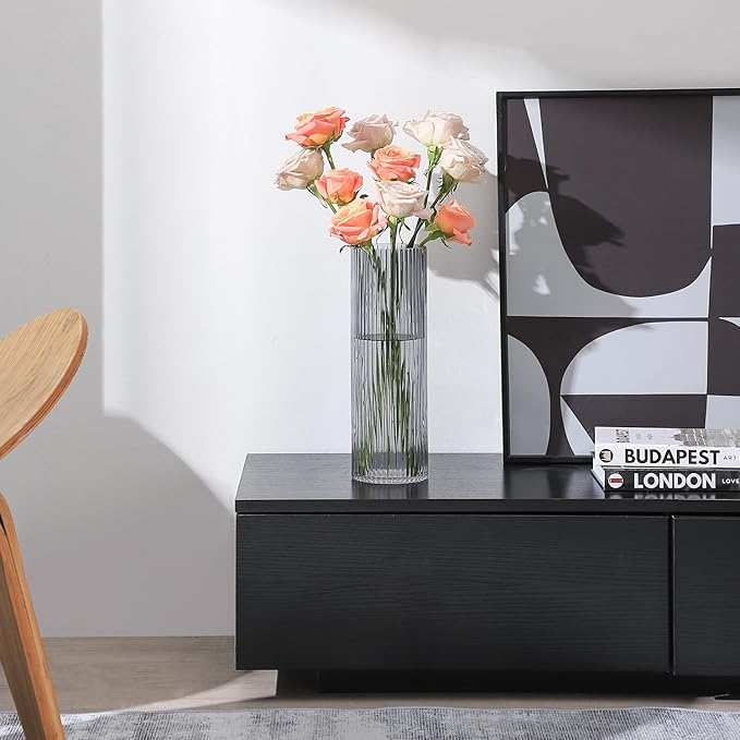 Black Glass Vase, Glass Flower Vase, Ribbed Glass Vase, Black Vase, Tall Cylinder Glass Vases for Centerpieces, Living Room, Bedroom, Dining Table, Office, Wedding, Bookshelf, 12 Inches