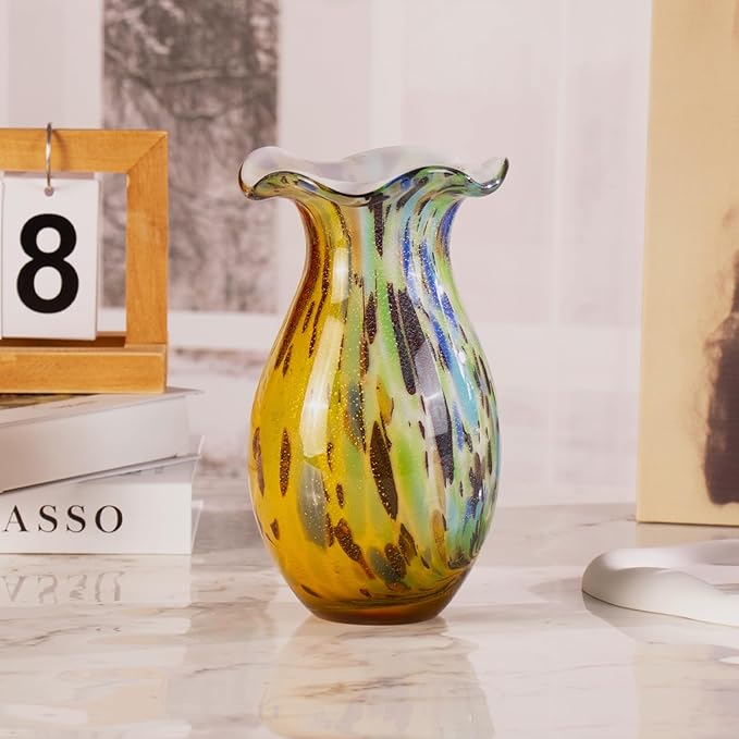 KAMMAK Colored Glass Vase, Beautiful Hand Blown Decorative Vase, Modern Art Vase for Flower Mantle Dining Table Centerpiece, Entryway Living Room Wedding Decoration, FH008
