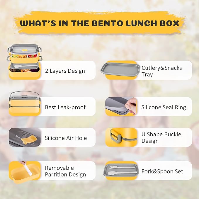 Bento Lunch Box for Kids Women Men, 47oz 2-Compartment Snack Salad Metal Food Prep Pack Container for Lunch, Stainless Steel 2 Layers Stackable Lunch Containers with Lids for Adults and Teens Yellow