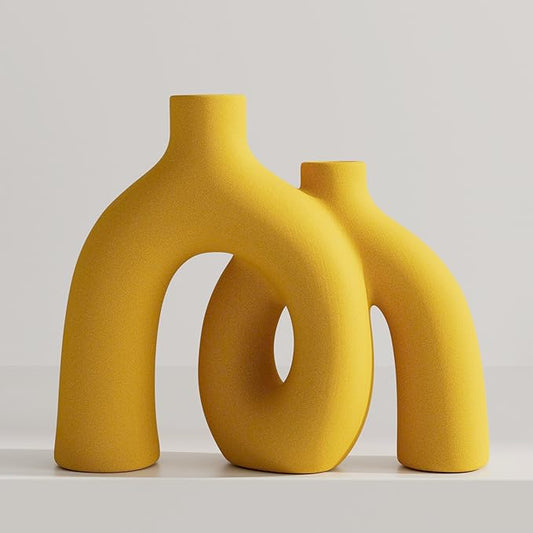 Hug Donut Decorative Vase Set - Yellow Vase, Modern Nordic Boho Style Vases Home Decor, Matte Ceramic Decorations for Living Room Shelf, Bookshelf Mantle Entryway Table or Console Décor (Yellow)