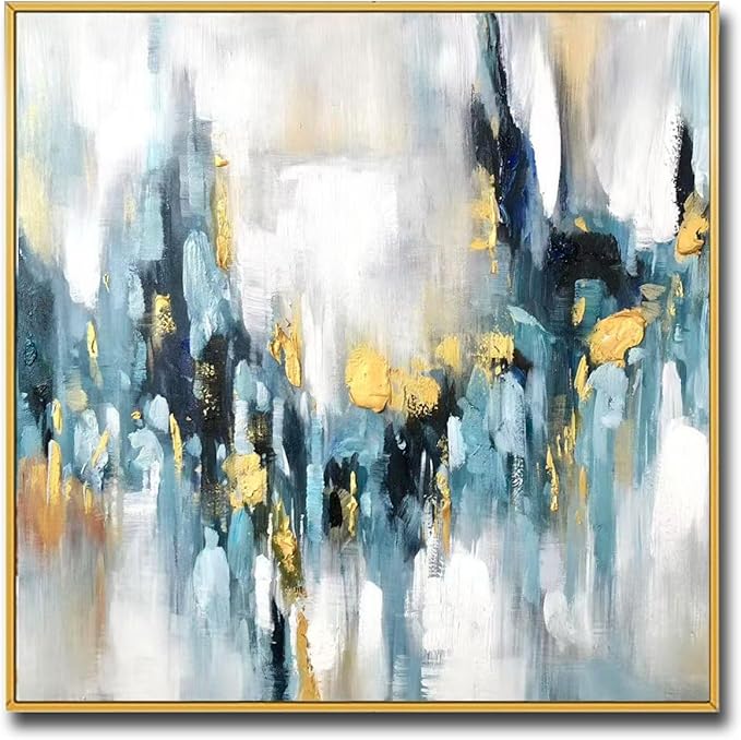 Large Blue and Gold Abstract Wall Art for Office. Hand-Painted Abstract Oil Painting for Living Room. Framed Blue Wall Painting Contemporary for Bedroom Home Decoration Ready to Hand 40x40inches
