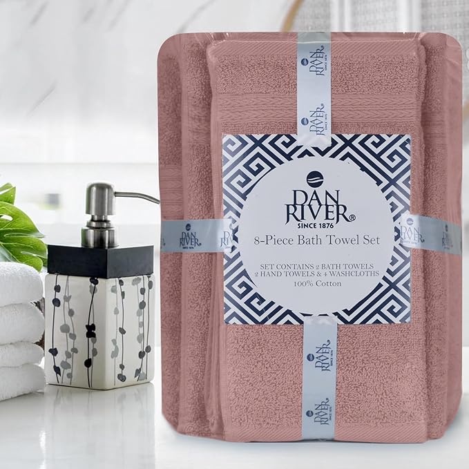 DAN RIVER 8 PC Luxury Bath Towels for Bathroom, 2 Bath, 2 Hand, and 4 Wash Cloths, 600 GSM 100% Ring Spun Cotton Towel Set, Highly Absorbent, Gym, Hotel, and Spa, Dusty Rose