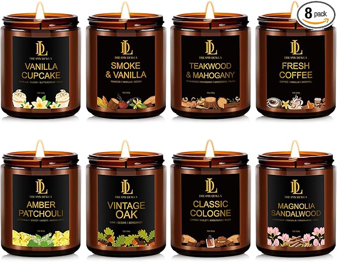 8 Pack Candles for Home Scented, Scented Candles Gifts Set for Women Men, 56 oz Soy Candle Set, Scents of Teakwood Mahogany/Smoke Vanilla/Cologne/Coffee/Patchouli Amber/Oak/Sandalwood/Cupcake
