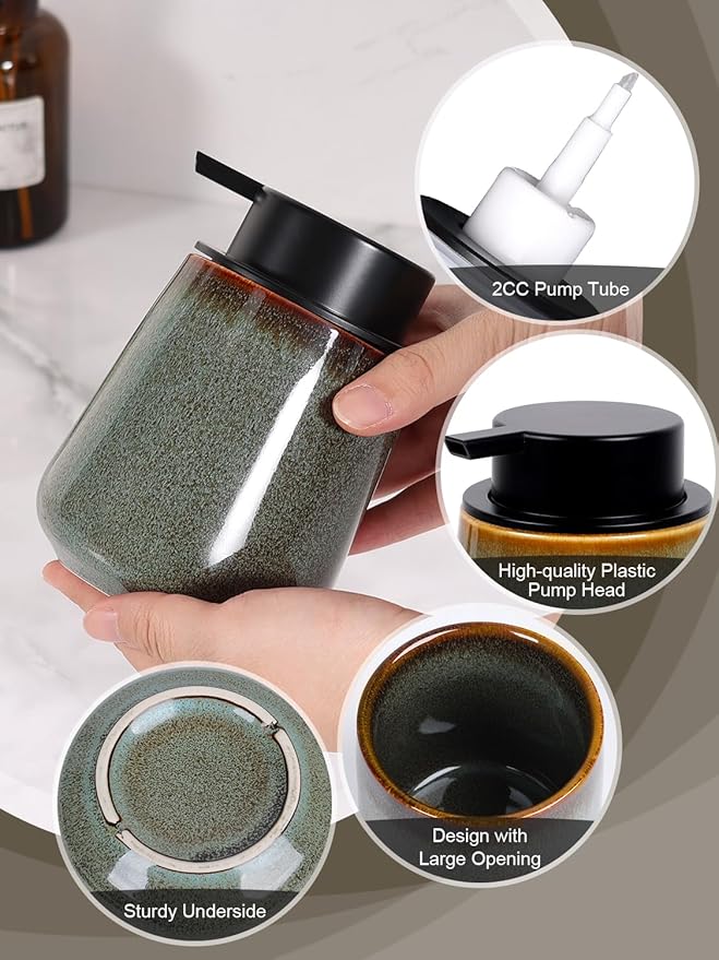 INGOFIN Ceramic Foaming Soap Dispenser -12oz Foam Hand Soap Dispenser Bathroom, Modern Refillable Dish Wash Soap Bottle for Kitchen with Large Pump -Kiln-Glazed Green