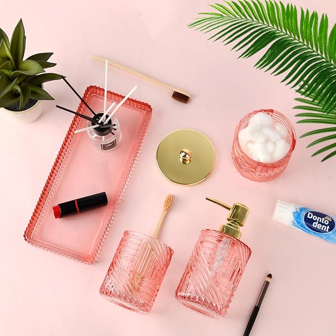 Bathroom Accessories Set,4 Pcs Pink Glass Bathroom Accessories Sets Complete with Lotion Soap Dispenser,Toothbrush Holder,Qtip Holder Dispenser and Vanity Tray,Bathroom Countertop Vanity Organizer