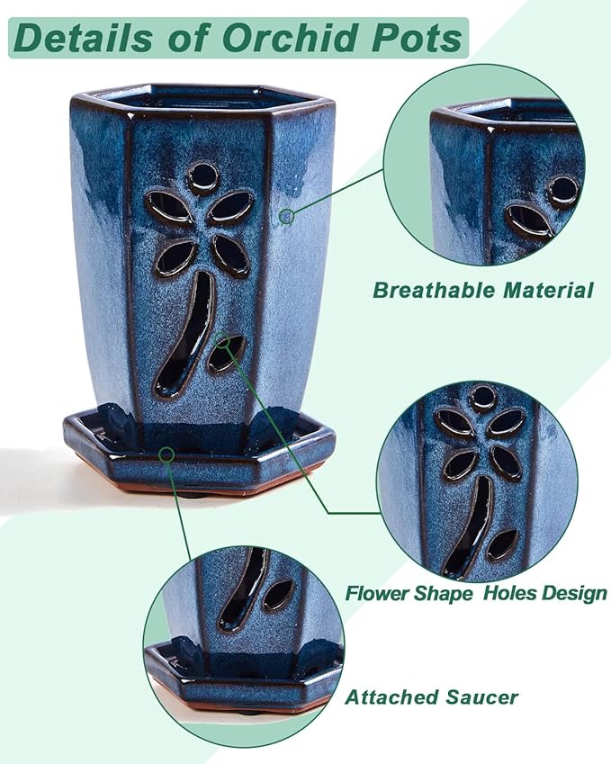 vensovo 4 Inch Ceramic Orchid Pots with Holes and Saucers - 1 Pcs Small Hexagon Succulent Pot for Repotting, Garden Flowerpots for Plants Indoor and Outdoor Promotes Air Circulation, (Blue)