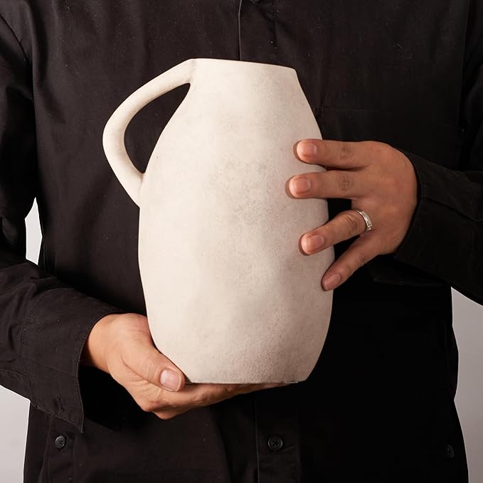 White Ceramic vase with Handle, Distressed Cement Texture, Boho Terracotta Large Pottery 10inch Tall, Rustic Farmhouse Decorative vases for Centerpieces, Unique Stoneware Jug for Flowers