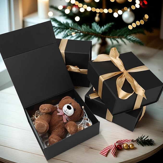 Schliersee 4 Packs 7.8x7x3.1 Gift Box with Magnetic Closure Lid for Present, Black Gifts Wrap Box for Birthday, Wedding, Groomsmen Bridesmaid