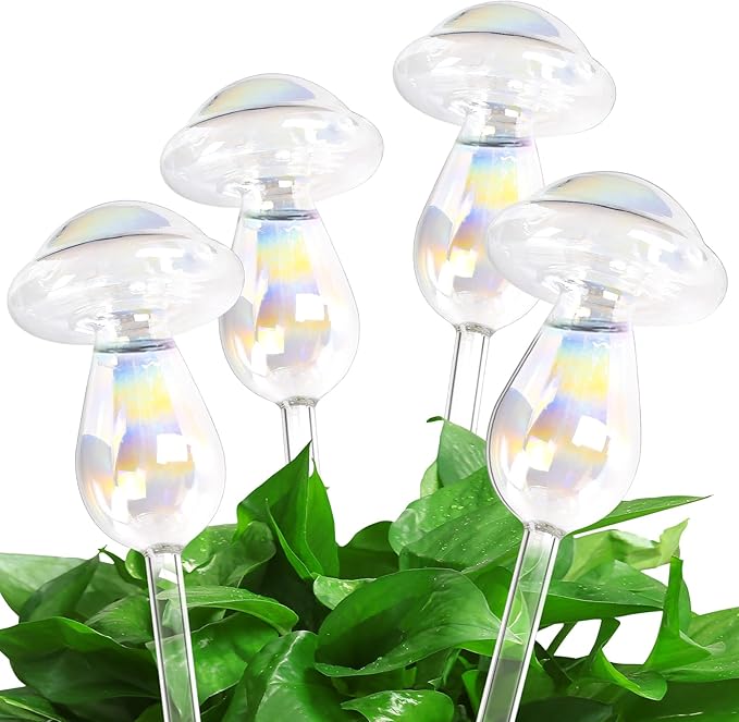 Plant Watering Globes- 4Pcs Iridescent Rainbow Glass Water Bulbs Mushroom Self Watering Spikes Planter Insert Automatic Plant Watering Bulbs Devices for Indoor and Outdoor Plants