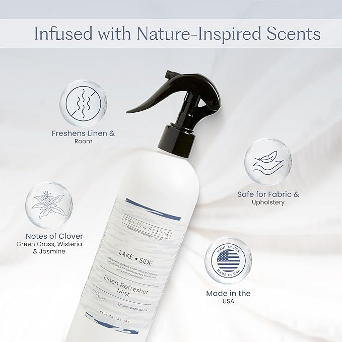 FIELD FLEUR Lake Side Linen & Room Spray 15.5 oz - Aromatic & Refreshing Bedding & Fabric Mist – Air Freshener for Clothes & Sofas - Notes of Amber, Citrus, Coconut, Musk & Sandalwood - Made in USA