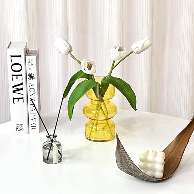 BLOFLO Orange Transparent Glass Hydroponic Vase, 7Inches Colored Glass Vase for Flower, Modern Geometric Three-Layer Floral Vases for Home Office Wedding Table Décor (Orange)