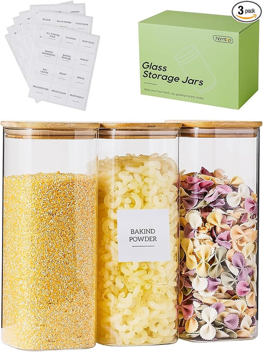 Glass Jars with Bamboo Lids 3 Pack, 61 Oz Airtight Square Storage Container, Clear Kitchen Canisters for Soild food, Nuts/Cookies/Sugar/Pasta