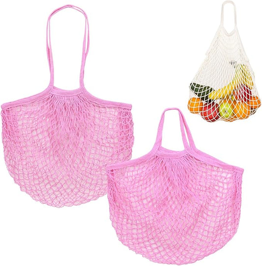 2-Pack Cotton Mesh Bag, Reusable Washable Mesh Net String Grocery Bags, Reusable Produce Bags with Handle, Net Tote Bag for Fruits/Vegetables Shopping [Pink, Long&Short Handle]