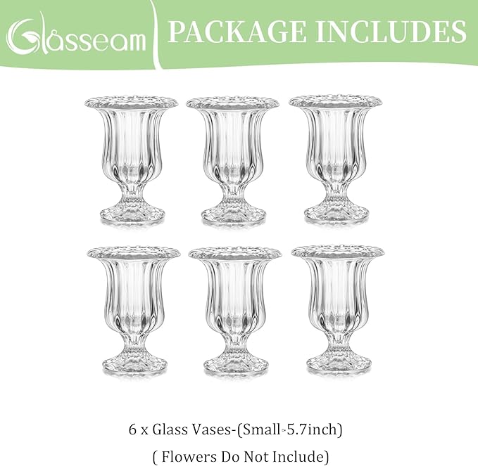 Glasseam Compote Flower Vase Set of 6, Small Pedestal Vases for Centerpieces, Crystal Clear Glass Vases for Flowers, Ribbed Decorative Vase Decor Footed Urn for Dining Table Decoration, 5.7in