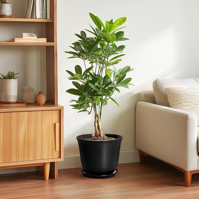 Ceramic Pots for Plants - 10 Inch Plant Pot with Drainage Hole and Tray, Large Round Planter for Indoor Outdoor, Morden Decorative Flower Pots, Living Room Decor, Gardening Gifts, Black