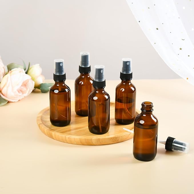 BILLIONSTARS 48 Pack 2oz Glass Boston Round Bottle with Fine Mist Sprayer - Amber - Essential Oils, Bath, Beauty, Hair & Cleaning - Leakproof Travel Bottles