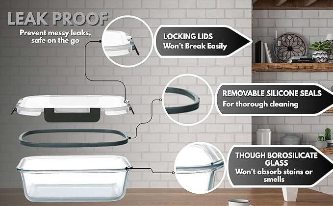 5-Pack Borosilicate Glass Food Containers 35oz, Airtight BPA-Free Meal Prep Containers with Locking Lids, Oven, Microwave & Dishwasher Safe Storage Set