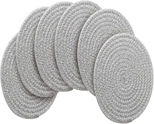 6 Pack Cotton Woven Placemats, 13.8 inches Round Plate Chargers Grey Thick Placemat Set Cotton Rope Braided Tablemats Rattan Tablemats Rustic Weave Placemats for Dining Table